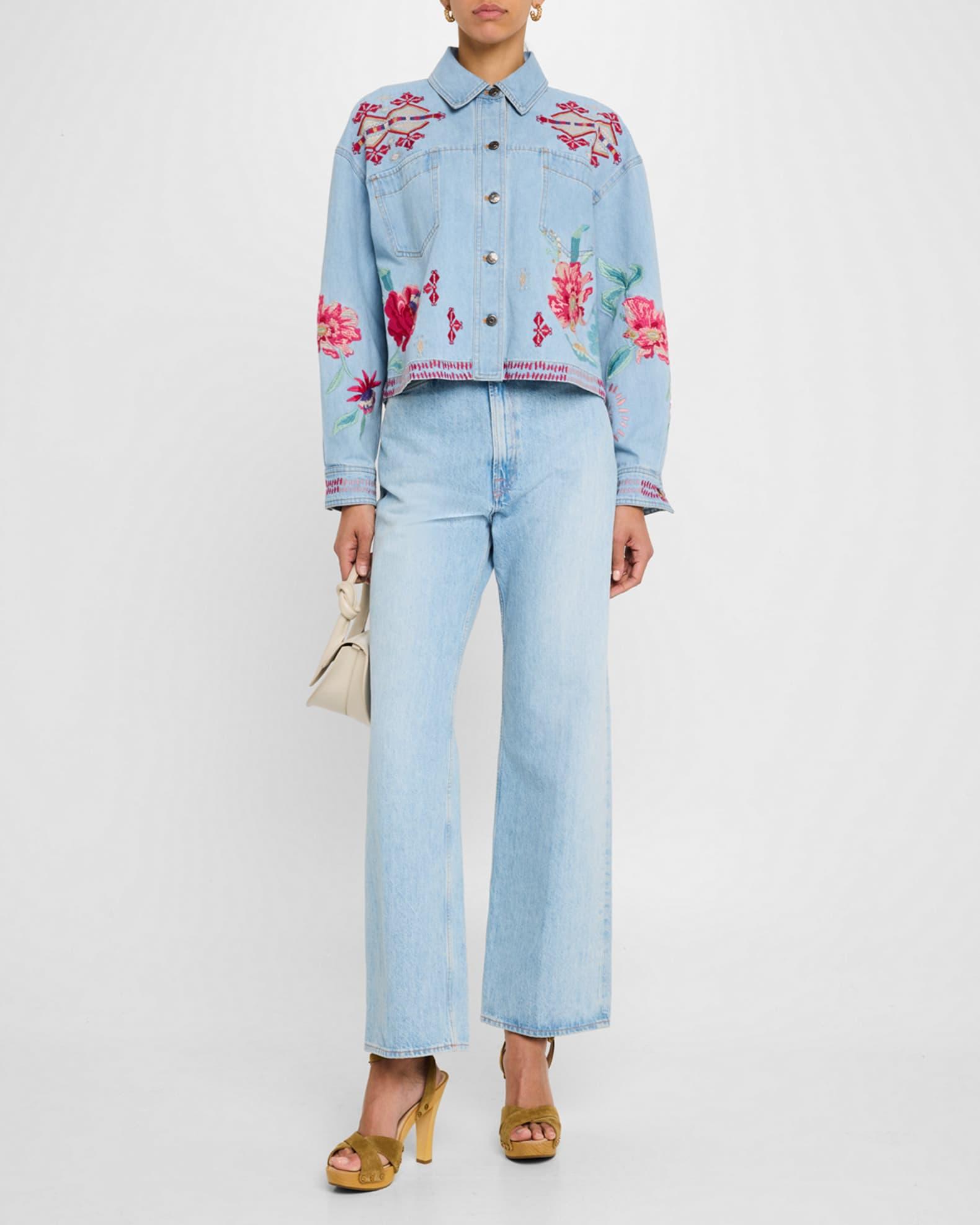 Cropped Floral-Embroidered Denim Jacket Product Image