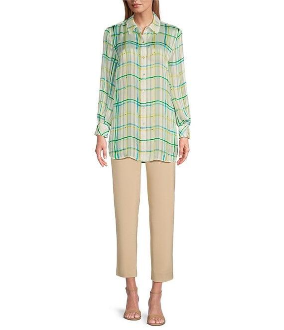 Investments Woven Multi Windowpane Plaid Long Sleeve Point Collar Button Front Top Product Image