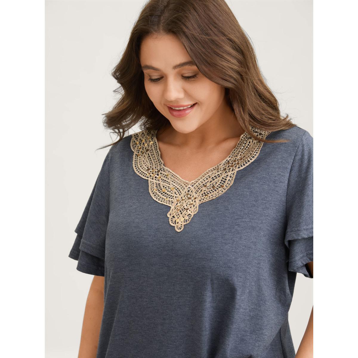 Plus Size Layered Sleeve Lace Neck Solid T-Shirt Stone Women Leisure Woven ribbon&lace trim V-neck Casual T-shirts BloomChic 28/5X Product Image