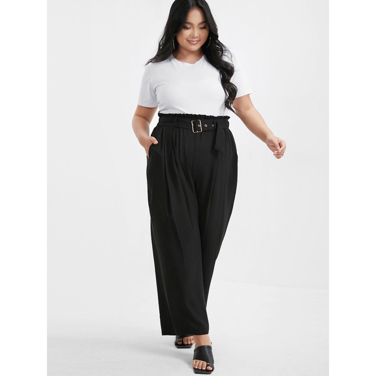 Plus Size Solid Pocket Belted Elastic Waist Pants Women Black Casual High Rise Dailywear Pants BloomChic 14-16/1X Product Image