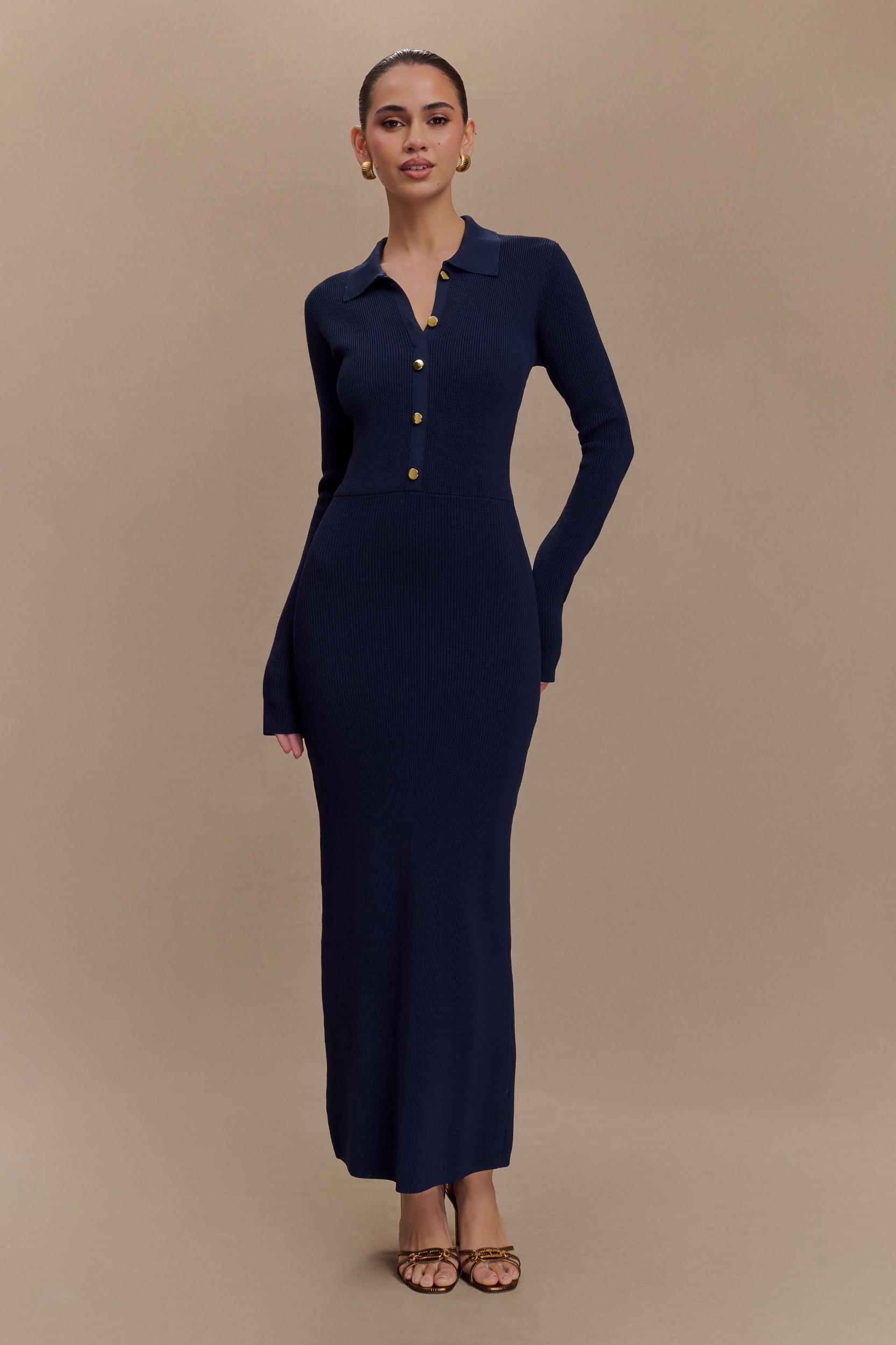 Abbey Buttoned Knit Midi Dress - Navy Product Image