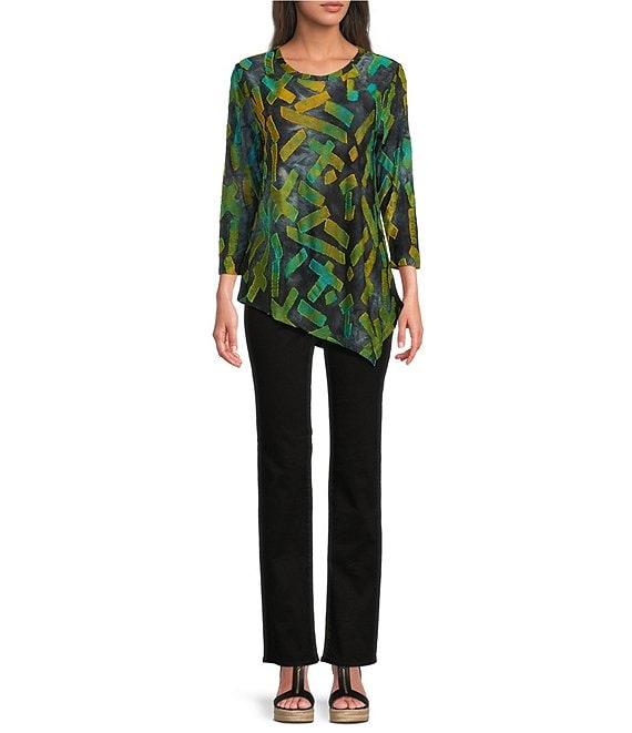 Calessa Petite Size Burnout Tie-Dye Crew Neck 3/4 Sleeve Asymmetric Tunic Product Image