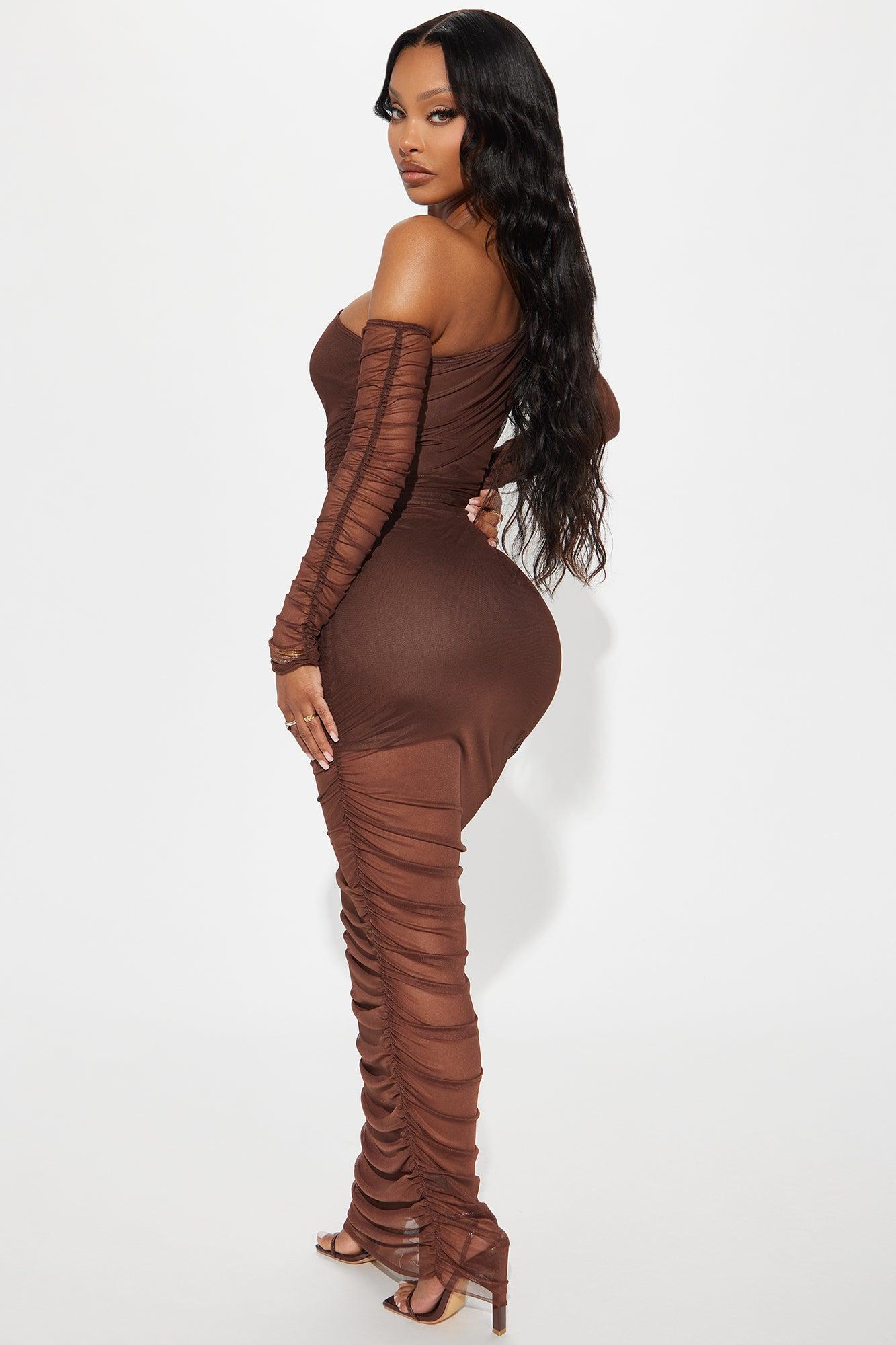Salina Mesh Ruched Maxi Dress - Chocolate Product Image