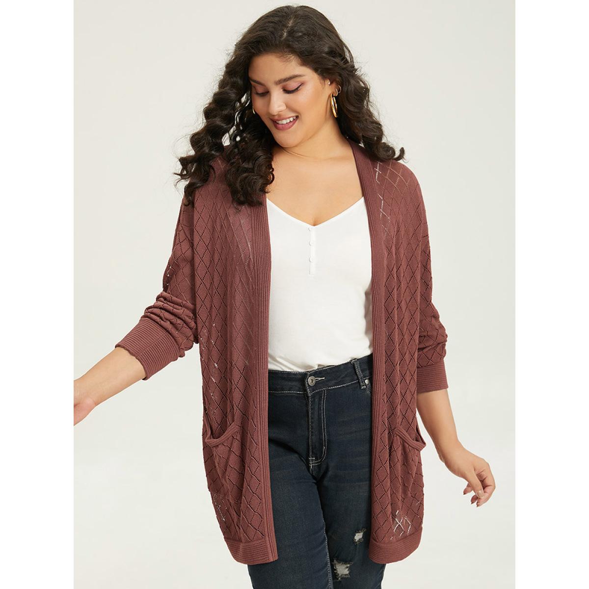 Plus Size Plain Geometric Hollow Out Pocket Cardigan Rust Women Casual Loose Long Sleeve Everyday Cardigans BloomChic 28/5X Product Image