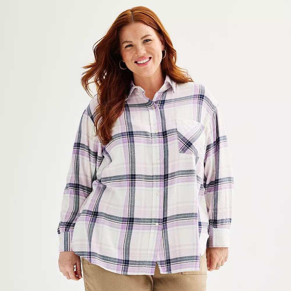 Plus Size Sonoma Goods For Life® Oversized Boyfriend Flannel Shirt, Women's, Size: 1XL, Moss Green Plaid Product Image