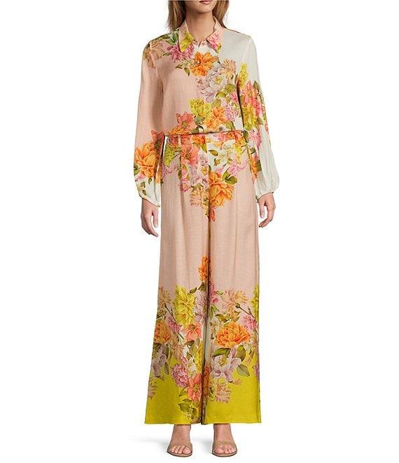 Antonio Melani Flynn Floral Print Coordinating Linen Blend Collar Neck Long Sleeve Button Down Blouse Product Image