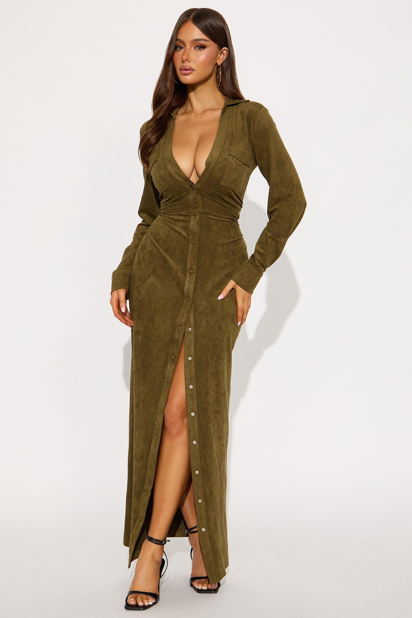 Noelle Suede Maxi Shirt Dress - Olive Female Product Image