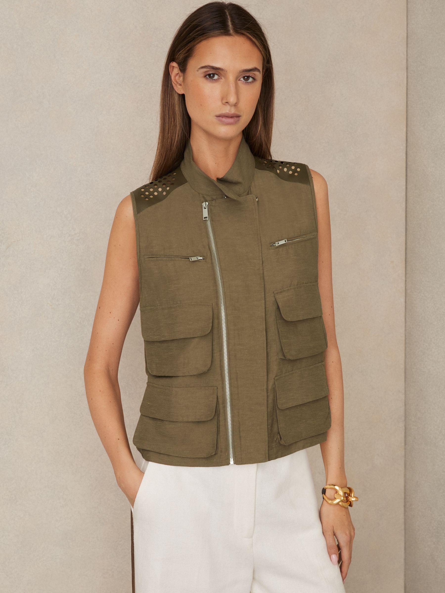 Cargo-Pocket Laser-Cut Gilet With Linen in Khaki Product Image