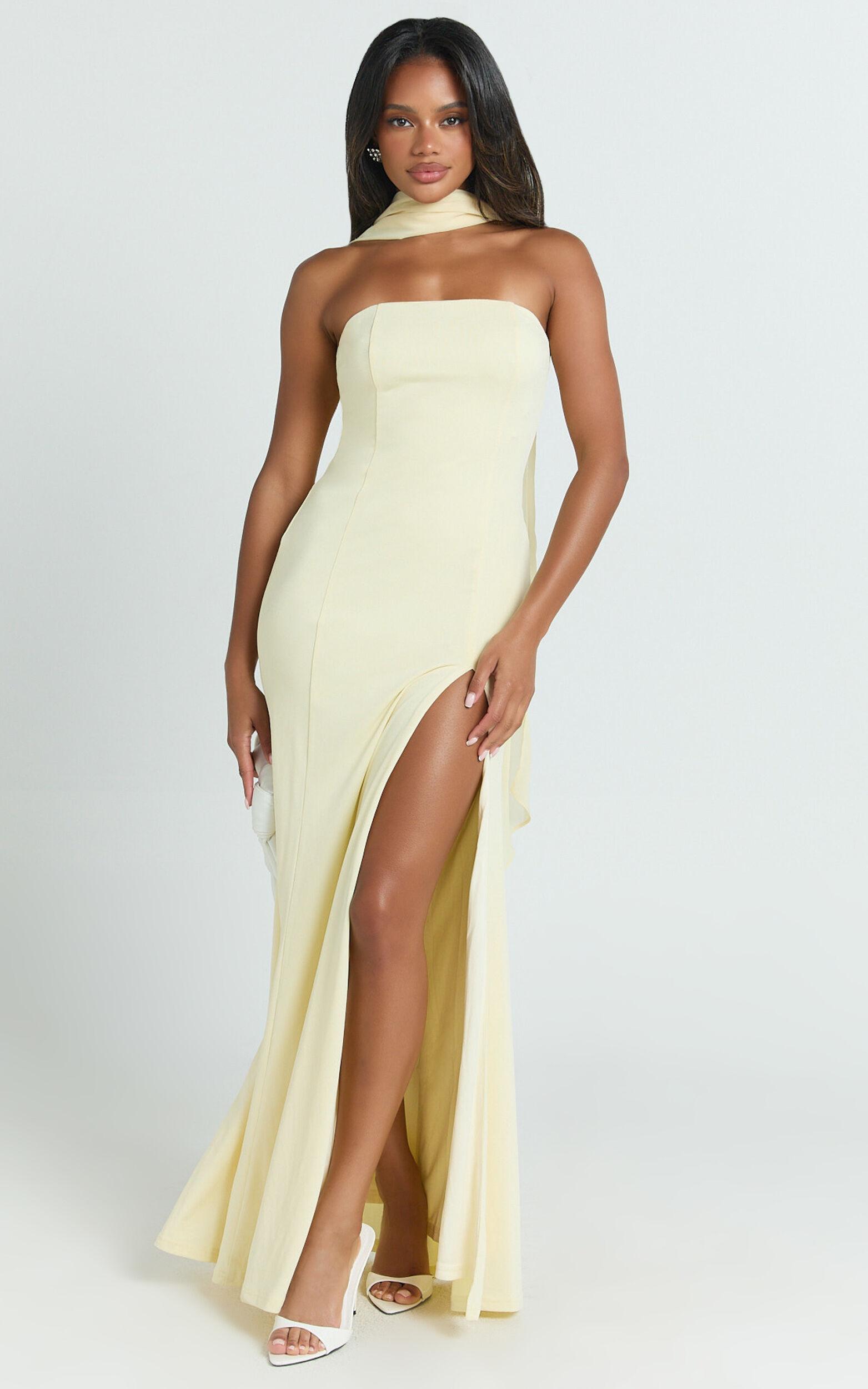 Dorothea Maxi Dress - Georgette Scarf Fit and Flare Dress in Lemon Product Image