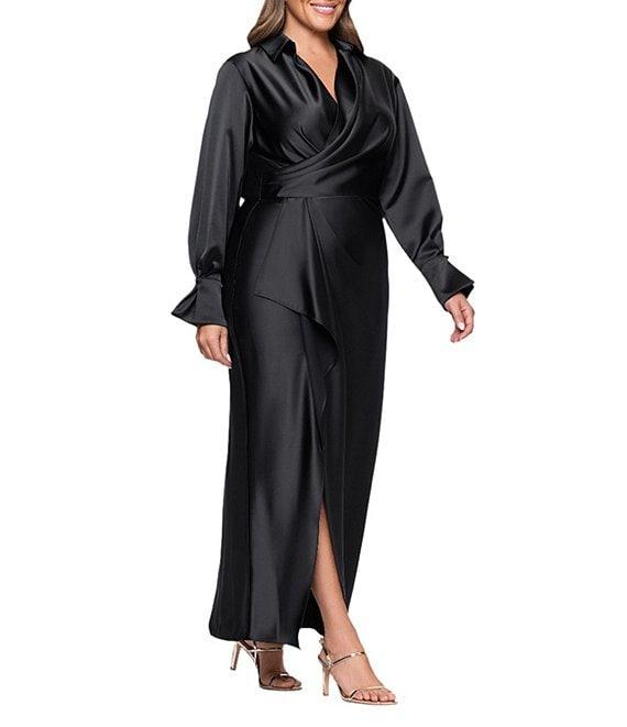 Xscape Plus Size Satin Long Sleeve Faux Wrap Gown Product Image