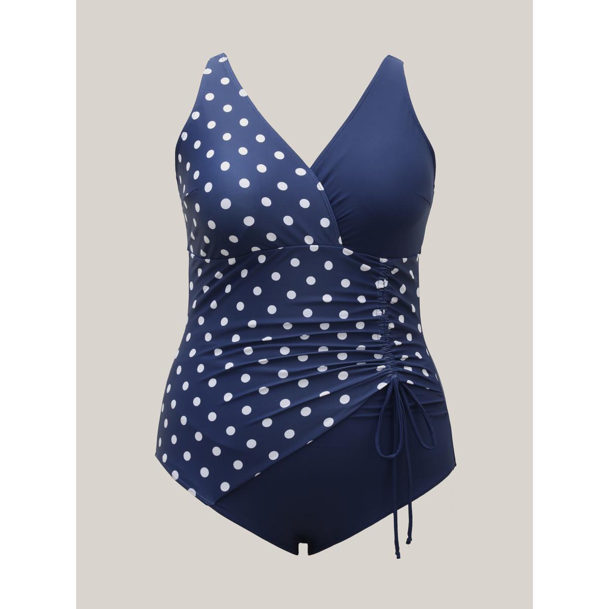 Plus Size Polka Dots Contrast Drawstring One-Piece Swimsuit Women's Swimwear Indigo Beach Gathered Curve Bathing Suits High stretch One Pieces BloomChic 22-24/3X Product Image