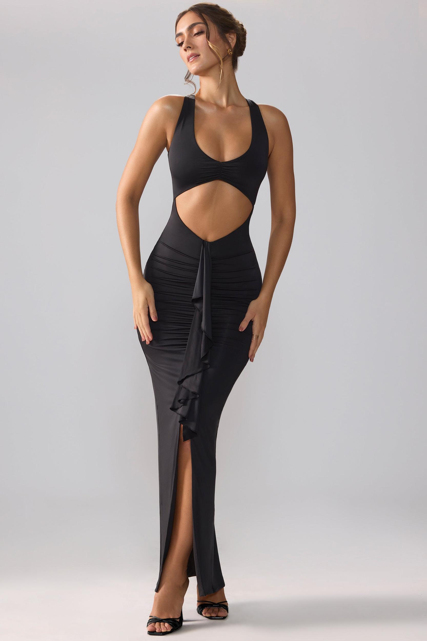 Slinky Jersey Cut Out Ruffle Racerback Maxi Dress in Black Product Image