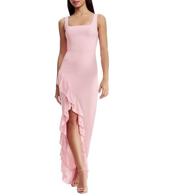 Dress the Population Charlene Square Neck Sleeveless Cascading Ruffle Side Slit Gown Product Image