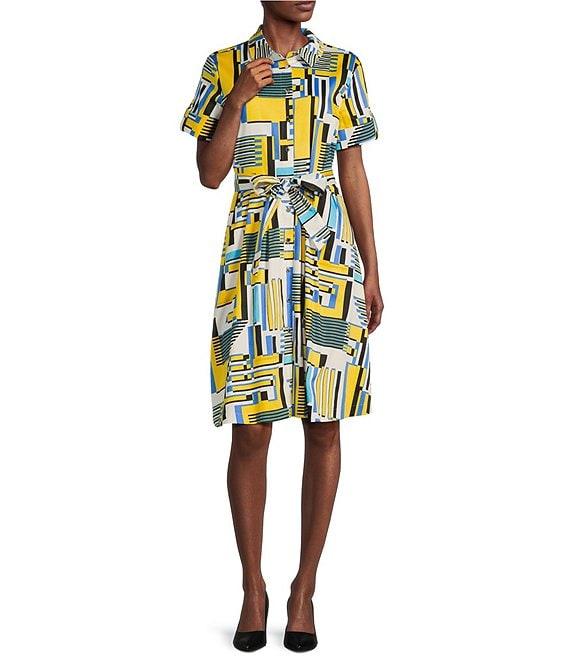 KARL LAGERFELD PARIS Cotton Sateen Printed Point Collar Short Sleeve Belted Shirt Dress Product Image