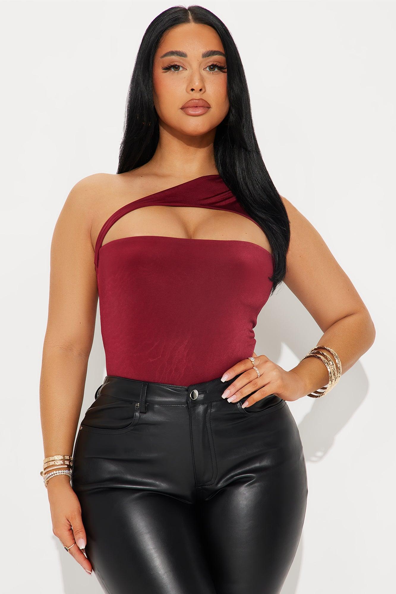 Spring Fever One Shoulder Cut Out Bodysuit - Burgundy Product Image
