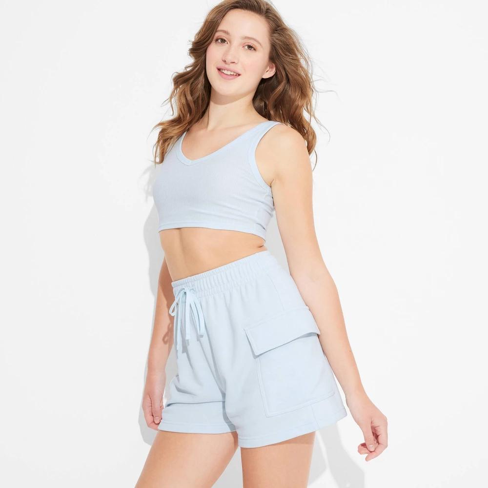 Women's Mid-Rise Cargo Sweat Shorts - Wild Fable™ Light Aqua Blue XXS: Relaxed Fit, French Terry, 4" Inseam, Elastic Waistband Product Image