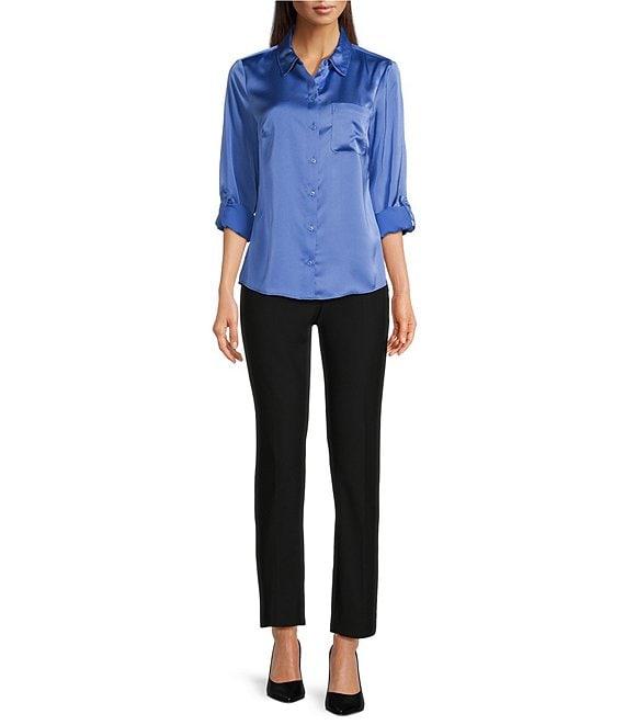 DKNY By Donna Karan Satin Crepe De Chine Point Collar Roll-Tab Sleeve Button-Front Shirt Product Image