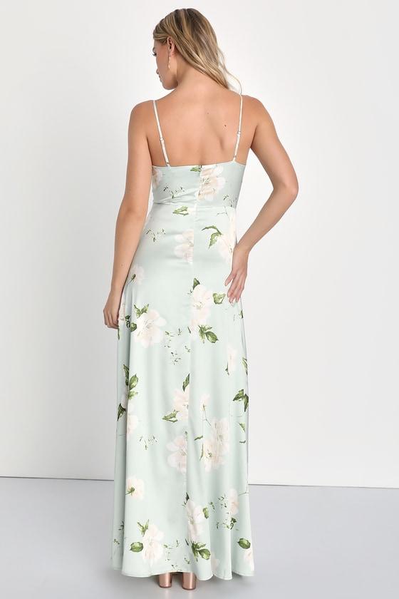 Radiant Occasion Light Green Floral Satin A-Line Maxi Dress Product Image