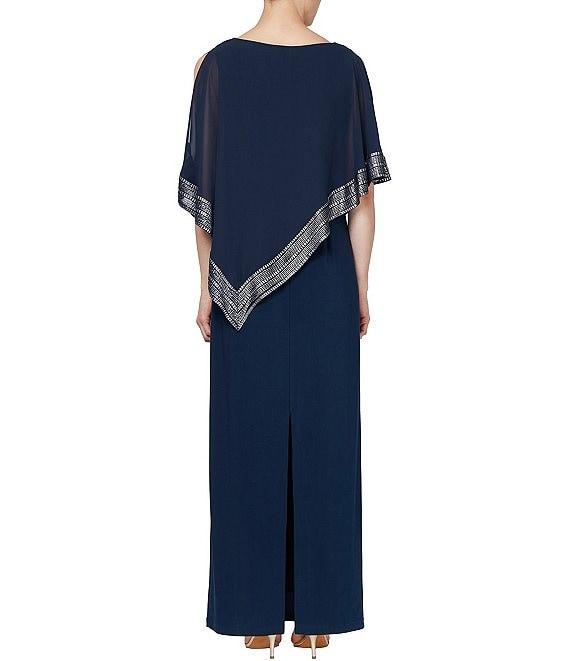 Ignite Evenings Petite Size Asymmetrical 3/4 Capelet Cold Shoulder Sleeve Round Neck Metallic Trim Popover Dress Product Image