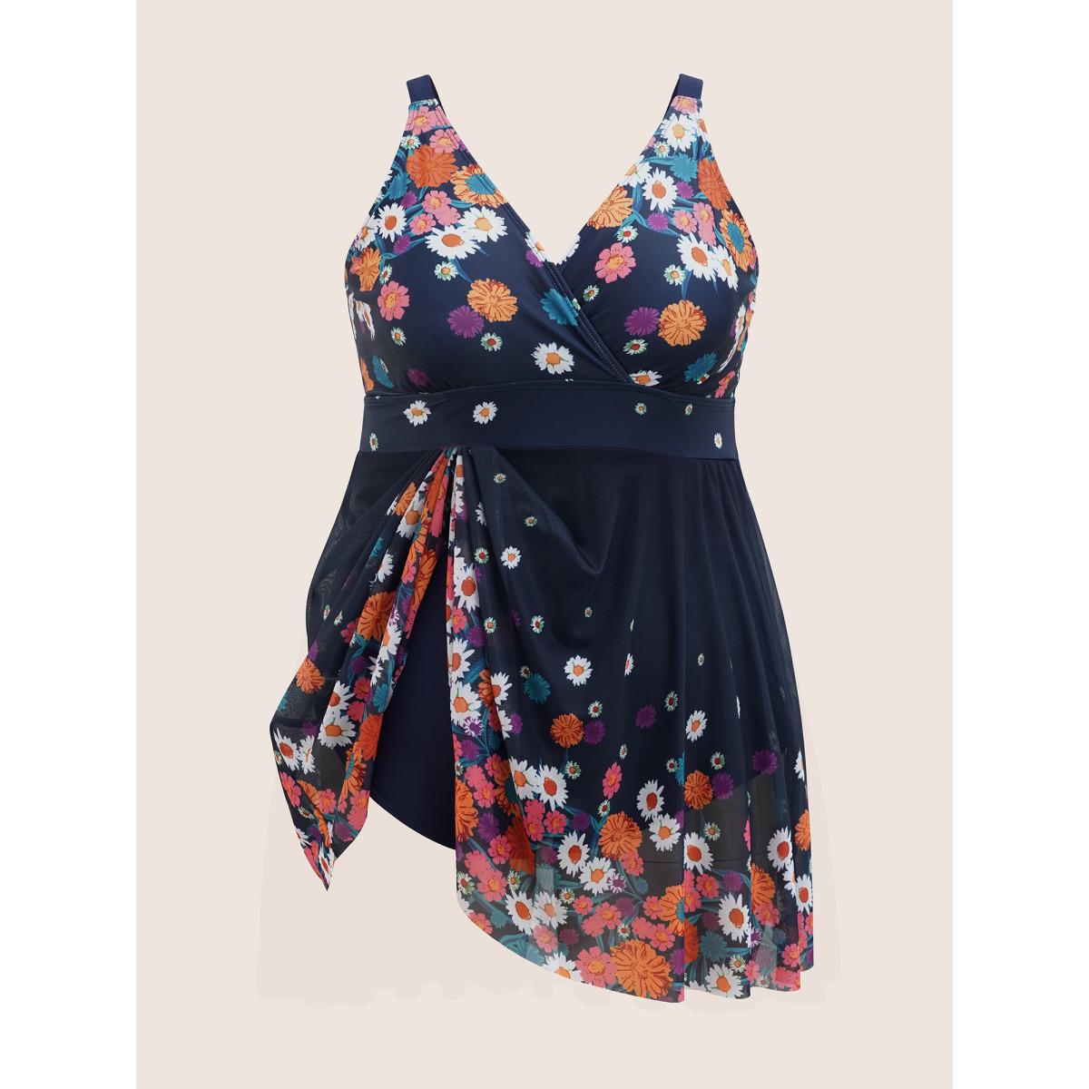 Plus Size Overlap Collar Floral Patchwork Mesh Swim Dress Women's Swimwear Indigo Beach Bodycon Overlap Collar High stretch Curve Swim Dresses BloomChic 28/5X Product Image