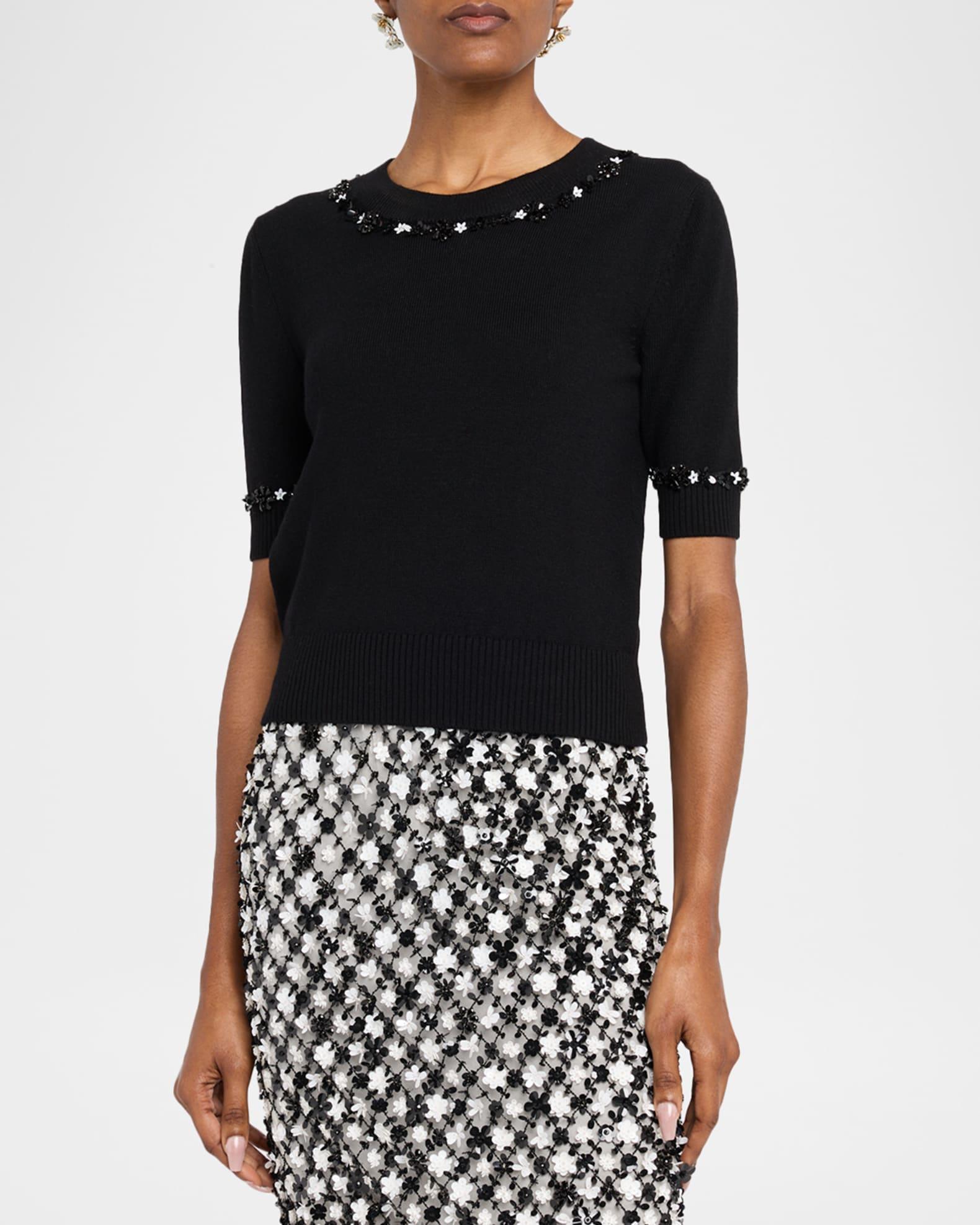 Sequin Flower Short-Sleeve Knit Sweater Product Image