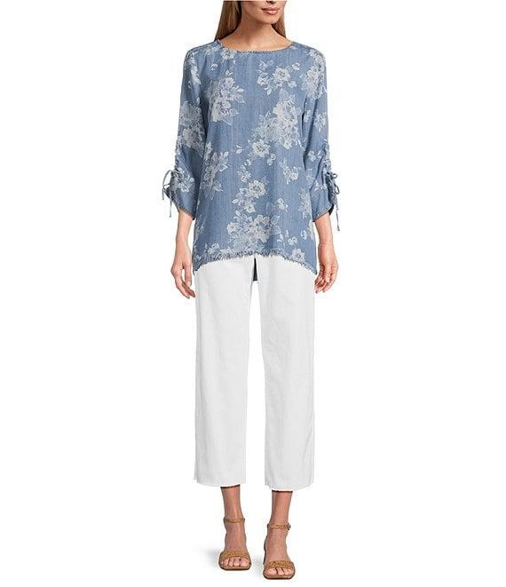 Tru Luxe Jeans Floral Printed Chambray Scoop Neck 3/4 Sleeve Lace-Up Top Product Image