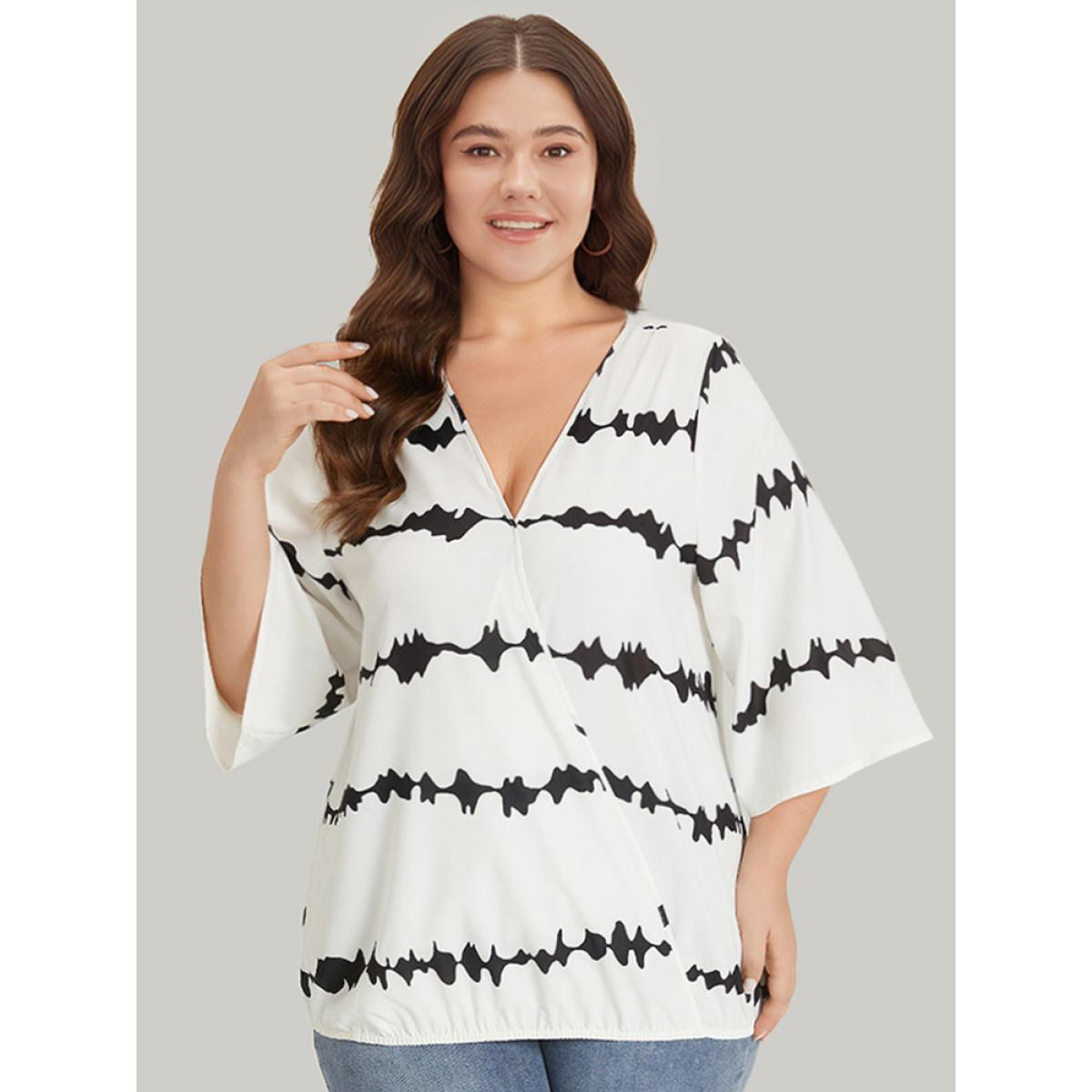 Plus Size White Striped Tie Dye V Neck Gathered Blouse Women Elegant Elbow-length sleeve V-neck Dailywear Blouses BloomChic 10/M Product Image