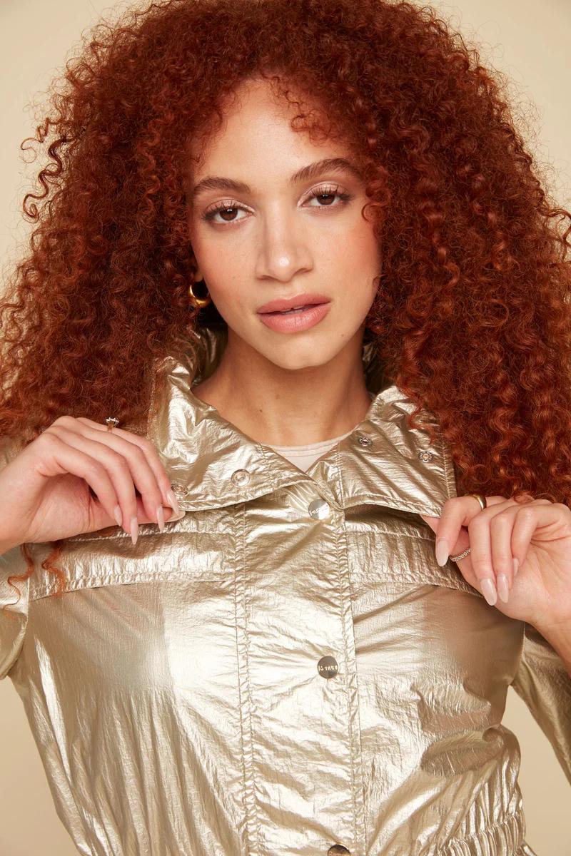 Crinkeled Metallic Long Sleeved Hooded Jacket Product Image