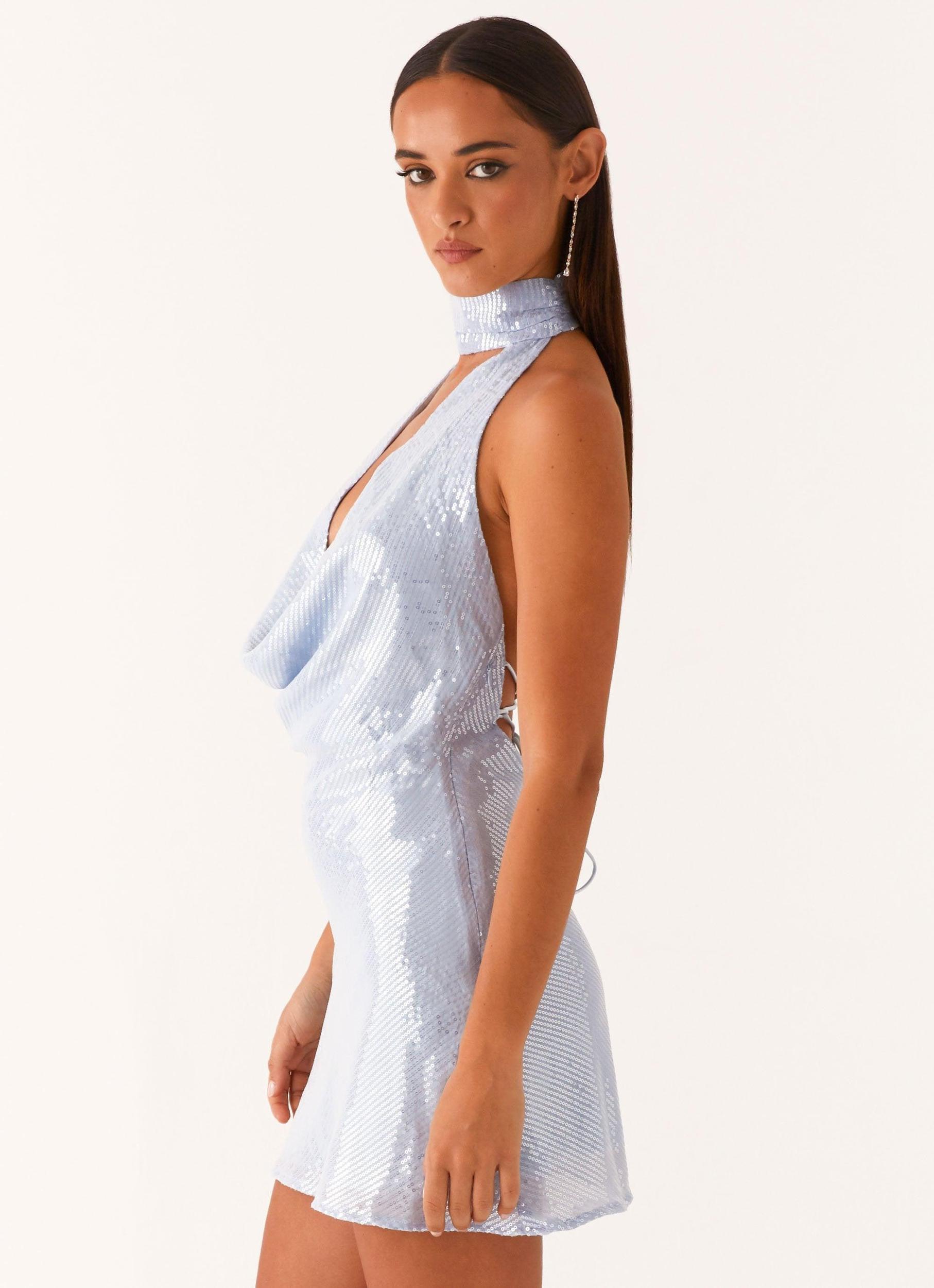 Nora Sequin Cowl Neck Mini Dress - Blue Product Image