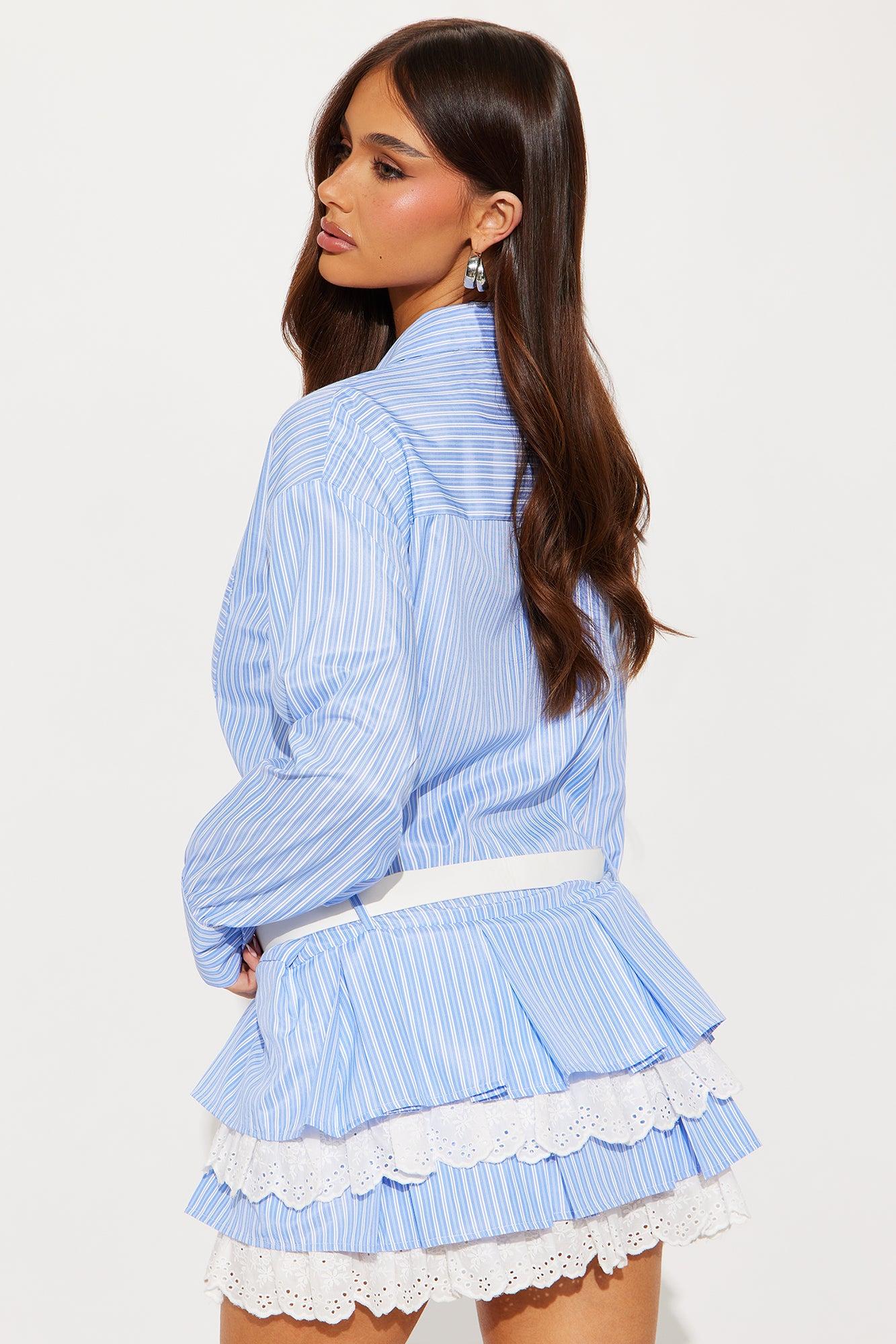 Clara Ruffle Poplin Mini Shirt Dress - Blue/combo Product Image
