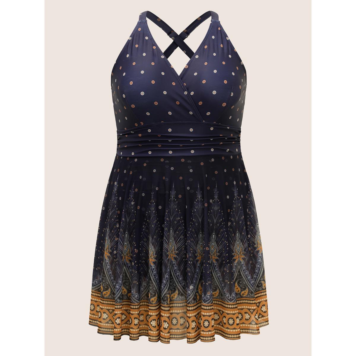 Plus Size Boho Print Overlap Collar Mesh Crisscross Swim Dress Women's Swimwear Indigo Beach Bodycon Overlap Collar High stretch Curve Swim Dresses BloomChic 14-16/1X Product Image