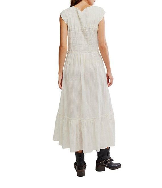 Free People Desert Dazed Ruffle V-Neck Cap Sleeve Tiered Hem Button-Front Midi Dress Product Image