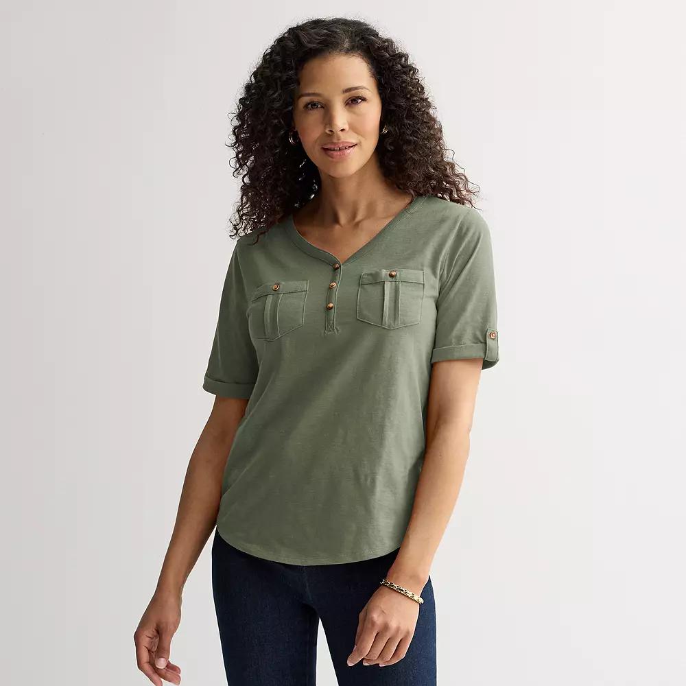 Women's Croft & Barrow® Elbow Sleeve Utility Henley Top, Size: XS, Manolo Green Product Image