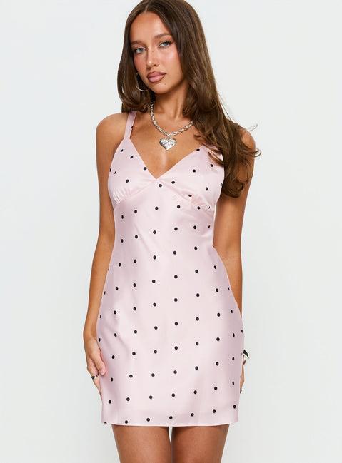 Rosabelle Satin Mini Dress Pink Polka Dot Product Image