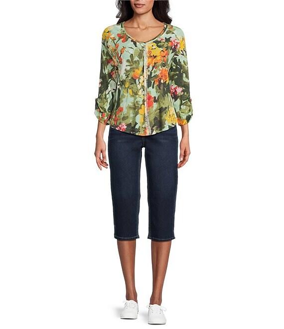 Westbound Knit Beryl Green Wild Bouquet 3/4 Bell Sleeve V-Neck Top Product Image