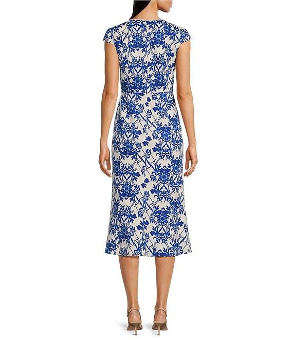 Anne Klein Chiffon Floral Print Square Neck Cap Sleeve Sheath Midi Dress Product Image