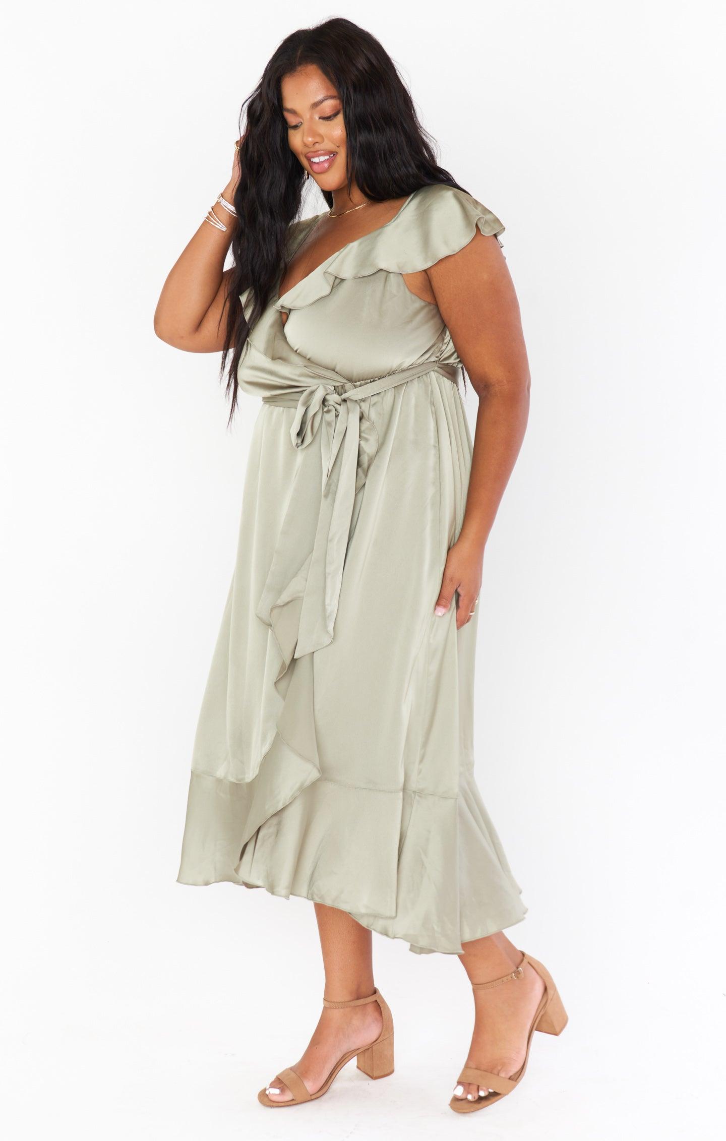 Samantha Ruffle Wrap Dress ~ Moss Green Luxe Satin Product Image