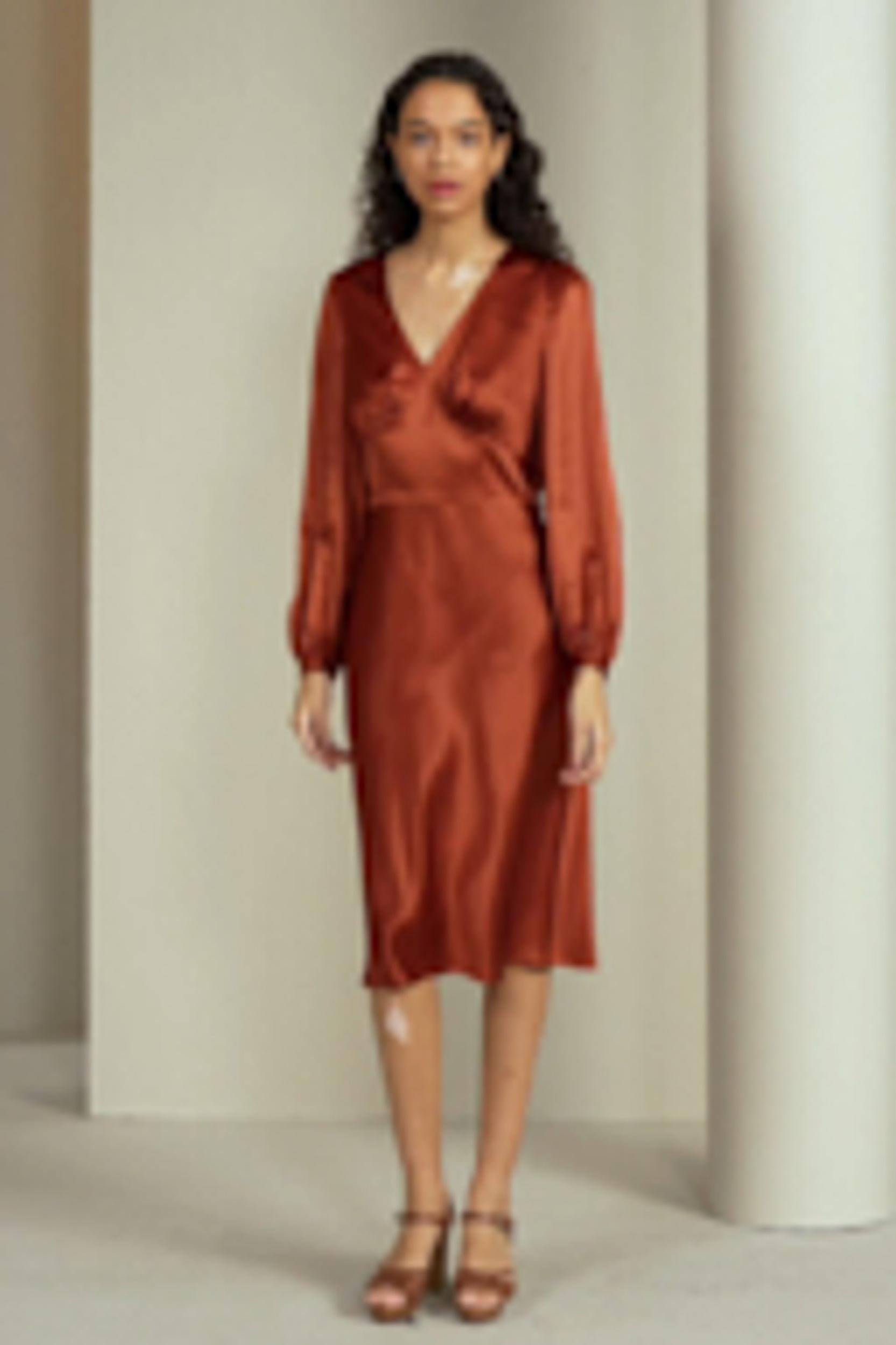 LILYSILK Long Sleeve Dress Silk for Women Red Clay Natural Silk Versatile Pleated Cups Dress 2 Product Image