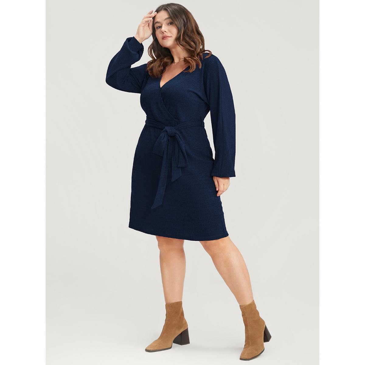 Plus Size Solid Surplice Neck Belted Knit Dress Navy Women Glamour Cross straps V-neck Long Sleeve Curvy Knee Dress BloomChic 18-20/2X Product Image