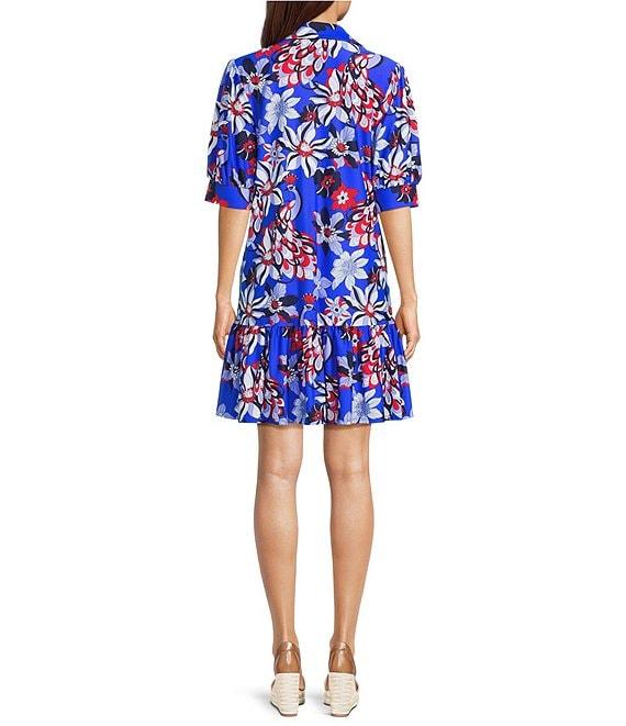 Jude Connally Pagoda Twirling Peacock Print Knit Point Collar V-Neck Short Puff Sleeve Drop Waist Flounce Hem Dress Product Image