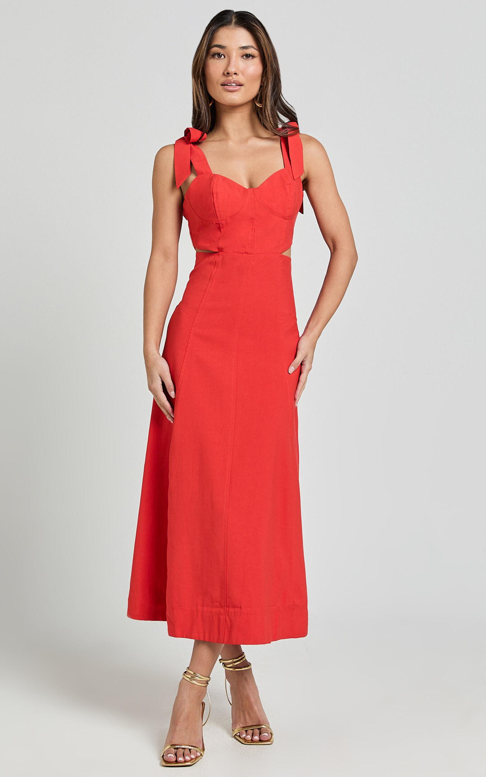 Giana Midi Dress - Shoulder Tie Cut Out Thigh Split Dress in Red Product Image