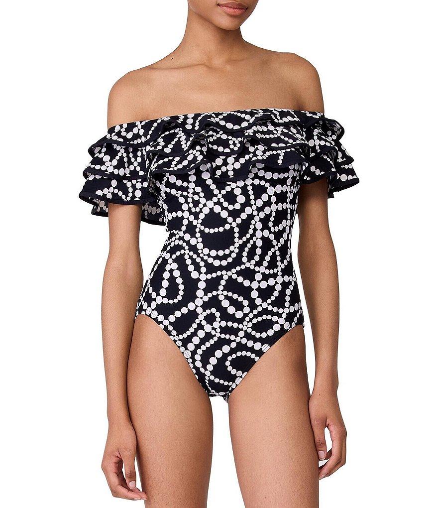 kate spade new york String of Pearls Off-The-Shoulder Ruffle One Piece Swimsuit Product Image