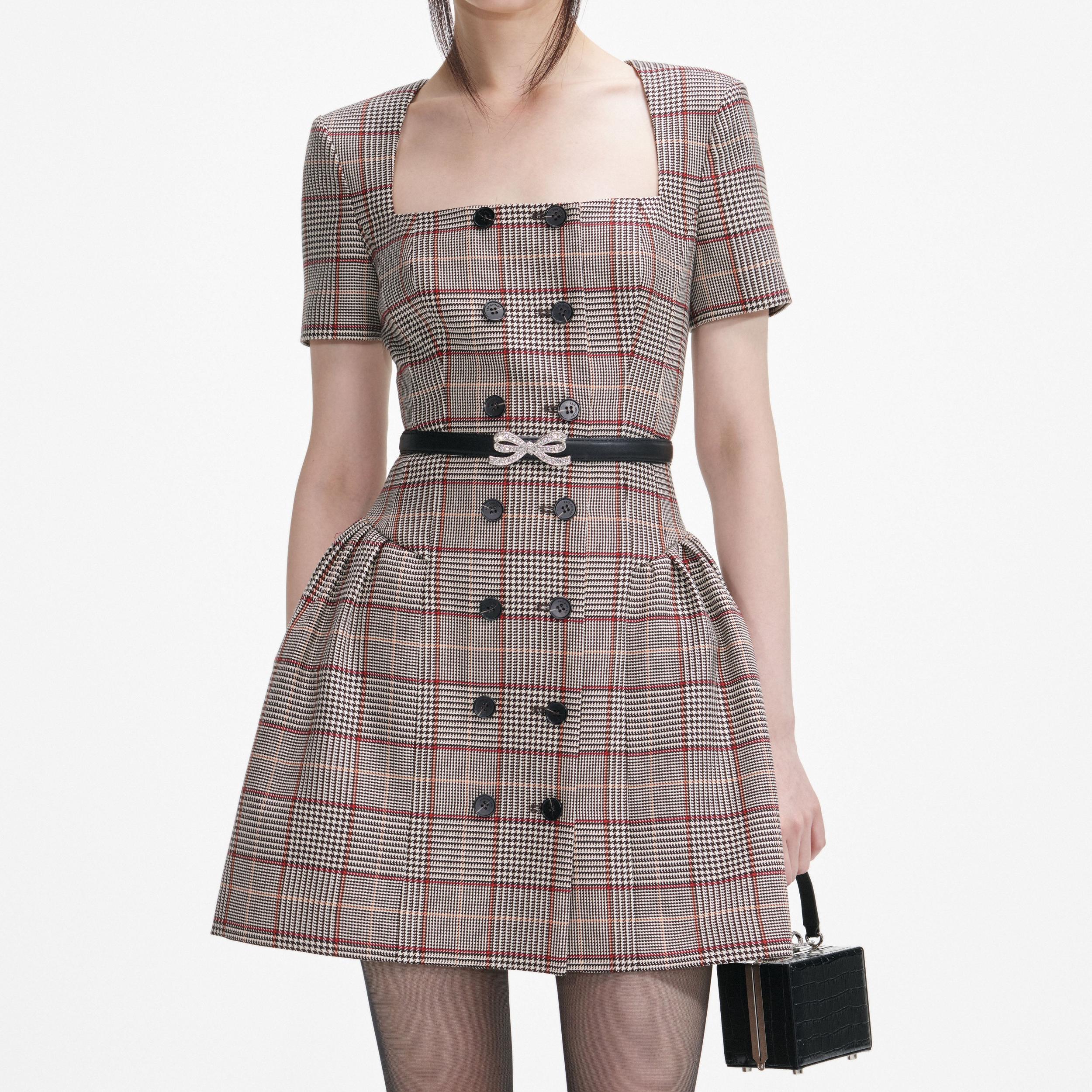 Brown Check Short Sleeve Mini Dress Product Image
