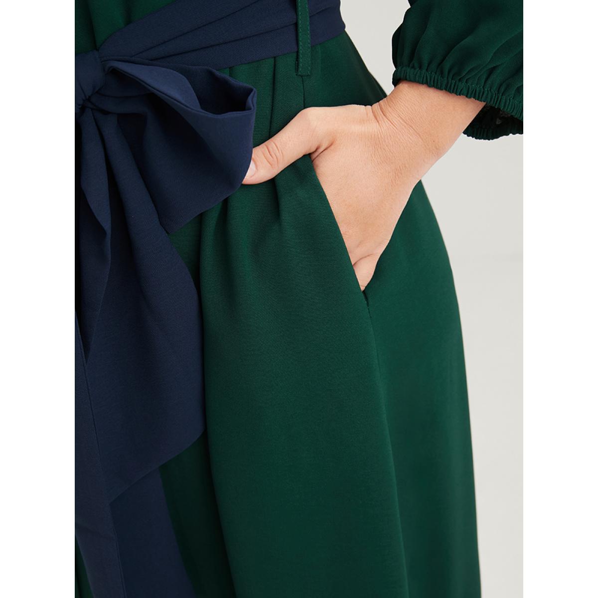 Plus Size Solid Lantern Sleeve Pocket Button Flutter Hem Contrast Belted Dress Green Women Casual Belted V-neck Elbow-length sleeve Curvy Long Dress BloomChic 28/5X Product Image