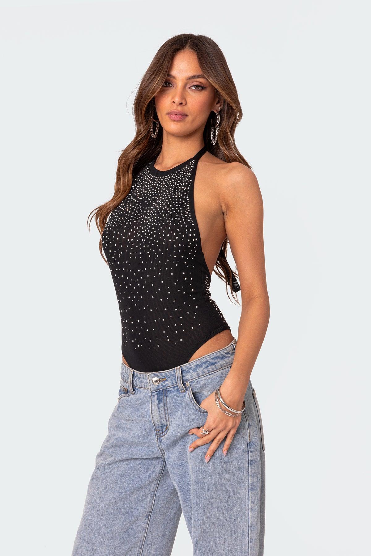 Open Back Mesh Rhinestone Bodysuit Product Image