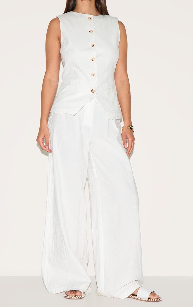 White Linen Look Wide Leg Pleated Pants Product Image