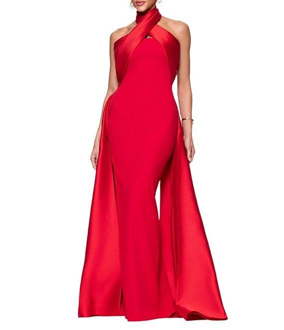 Betsy & Adam Twist Front Halter Sleevess Mixed Media Column Gown With Overlay Product Image