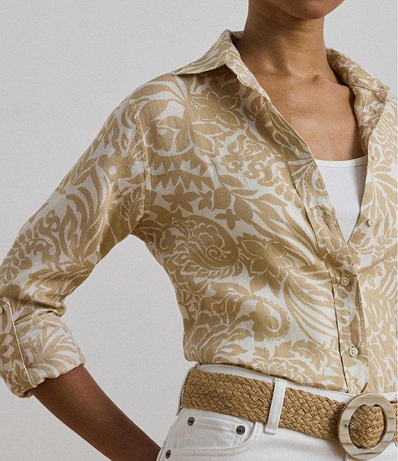 Lauren Ralph Lauren Petite Size Linen Floral Point Collar Long Roll-Tab Sleeve Button Front Shirt Product Image