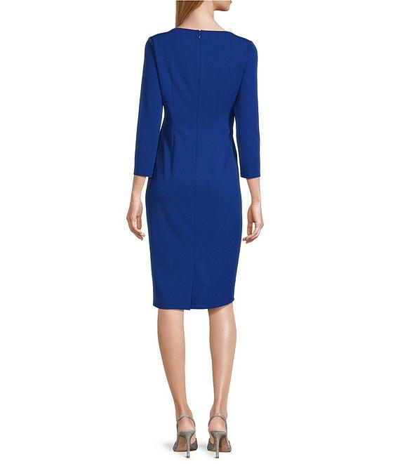 Maggy London Stretch Boat Neck 3/4 Sleeve Pleated Knot Waist Detailed Sheath Dress Product Image
