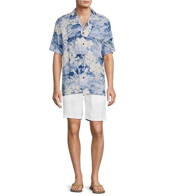 Caribbean Jacquard Watercolor Floral Print Short Sleeve Woven Camp Shirt Product Image